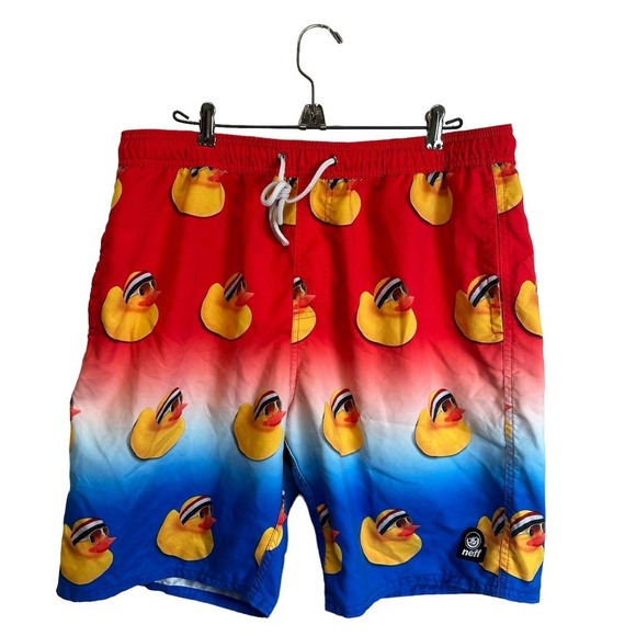 NEFF Board Shorts Men’s sz. XL Ducky Red Blue Drawstring Hot Tub Swimming Trunk - Picture 1 of 9